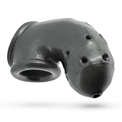 Airlock chastity cage angled view highlighting multiple ventilation holes along the shaft
