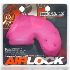 Airlock chastity cage in hot pink displayed on retail card packaging by Oxballs