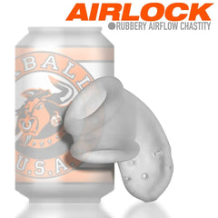 Airlock rubbery airflow chastity cage beside a can for size scale reference