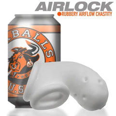 Airlock rubbery airflow chastity cage shown beside a standard drinks can for size reference, white ice