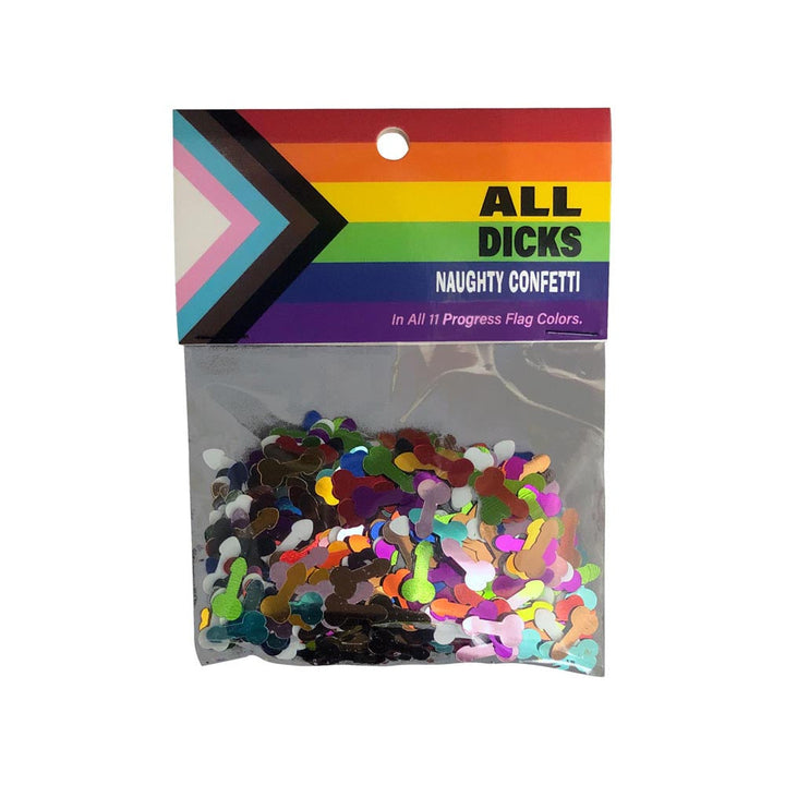 All Dicks Naughty Confetti in a clear bag featuring multicolor metallic novelty shapes