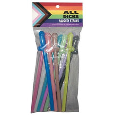 All Dicks Naughty Straws 11-piece set in assorted rainbow colours, packaged in clear bag