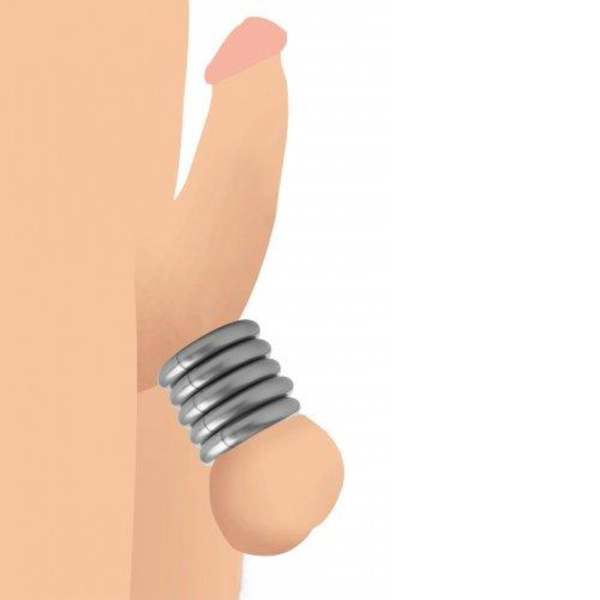 All five silver rings worn together as a ball stretcher kit, illustrated anatomical placement guide