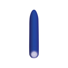 All Mighty blue bullet vibrator standing upright, smooth matte silicone finish