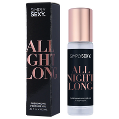 All Night Long roll-on perfume oil beside its matte black rectangular box, front view