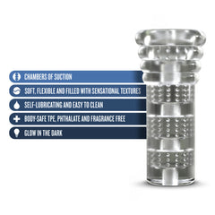 All Nighter stroker displaying five key features including glow-in-the-dark TPE