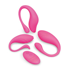 All three pink silicone vibrating eggs and oval remote arranged in a flat-lay overhead view