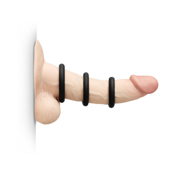 All three Snug Ring Swole cock rings worn on a realistic model showing graduated fit