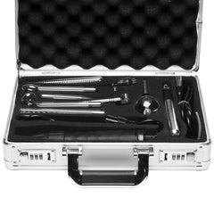 All Zeus violet wand accessories neatly organized in foam-lined silver aluminum combination-lock briefcase