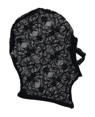 Alternate side view of black lace hood highlighting sheer floral pattern and adjustable chin strap