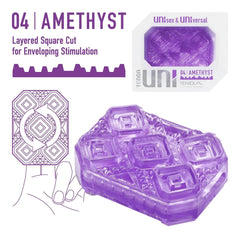 Amethyst UNI detail graphic highlighting layered square-cut design for enveloping stimulation