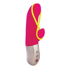 Amorino rabbit vibrator in deep pink silicone with yellow accent loop and rose gold base, side angle