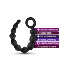 Anal Adventures beads with feature callouts: Puria silicone, 10 beads, pull loop for removal