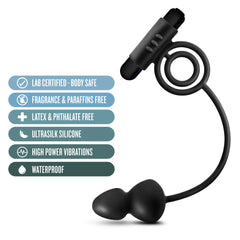 Anal Adventures plug and cock ring set with body-safe, waterproof, and ultrasilk silicone feature icons