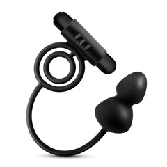 Close-up of Anal Adventures plug showing dual-bead tip, flexible silicone tether, and bullet controls