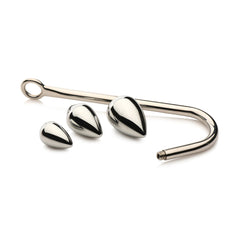 Anal hook and two smaller plug attachments arranged side by side on white background, showing size range