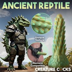 Ancient reptile graphic showing unique spike texture detail and harness-compatible flared base