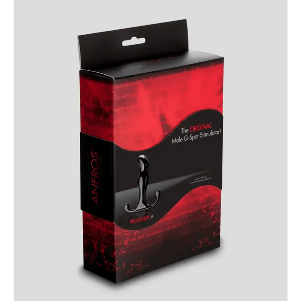 Aneros Progasm Jr prostate stimulator in black retail box with red packaging design