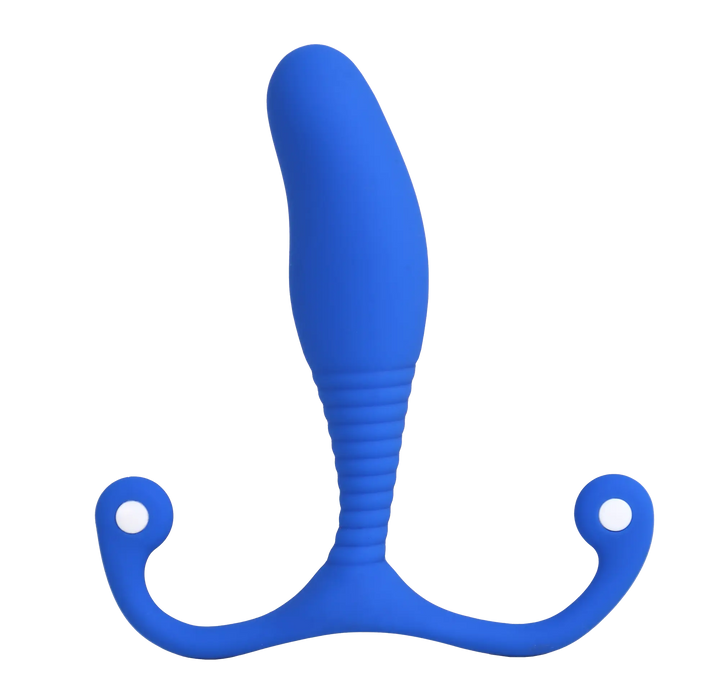 Aneros Blue MGX Syn Trident prostate massager in silicone with curved shaft and base wings
