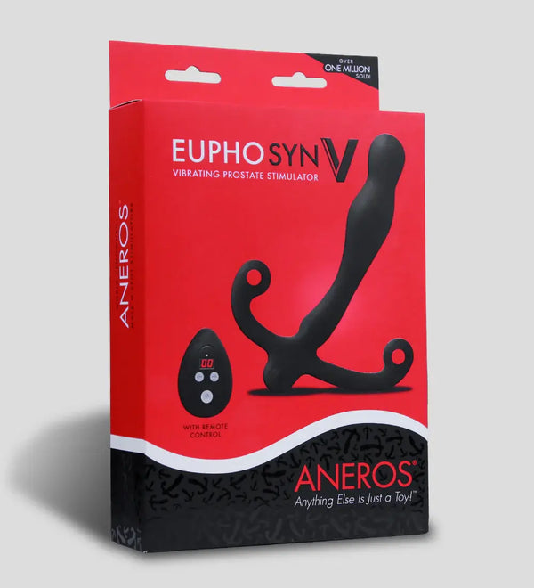Aneros Eupho Syn V vibrating prostate massager in black retail box with remote control