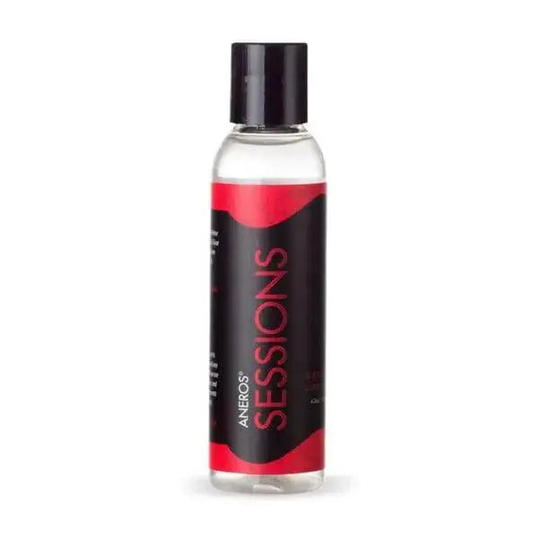 Aneros Sessions Water Based Lubricant in a clear 4 oz bottle with bold black and red label