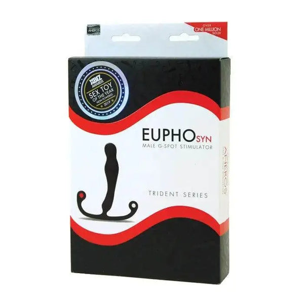 Aneros Eupho Syn Trident prostate massager in black retail box, award-winning silicone design