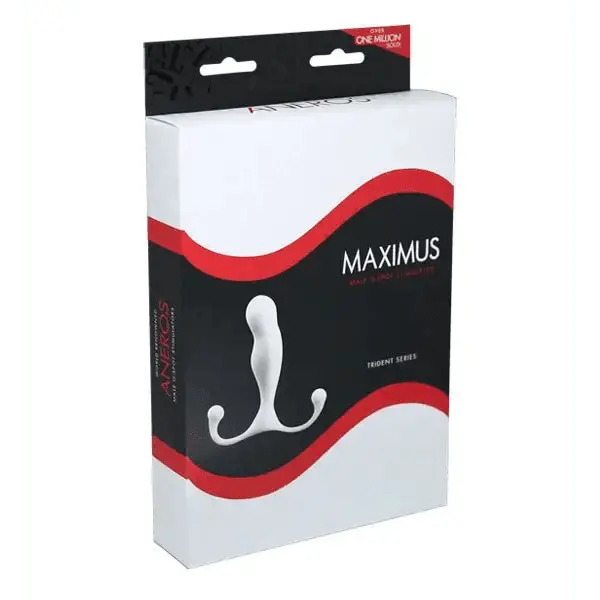 Aneros Maximus Trident prostate massager in white retail box with red and black design