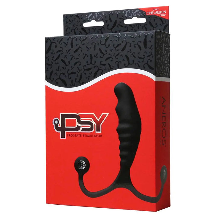 Aneros PSY Prostate Stimulator black silicone massager shown in retail box packaging