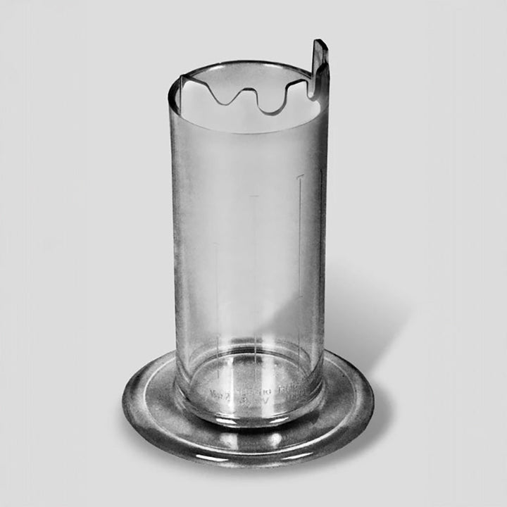 Aneros Soaker clear cylindrical cleaning tube with notched rim and round metal base