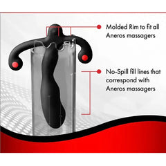 Aneros Soaker molded rim and no-spill fill lines shown with prostate massager inside