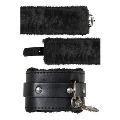 Close angle showing faux-fur interior, leather strap, silver rivets, and clasp hardware detail
