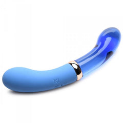 Angled view of 10X Bleu showing USB charging port and control button on silicone body