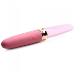 Angled view of 10X Rosé vibrator with silicone end forward, displaying dual-ended reversible design