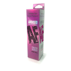 Angled view of Aroused AF pink retail box with Stimulation Intensifier For All label