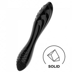 Angled view of black glass dildo highlighting knobbed base and solid construction