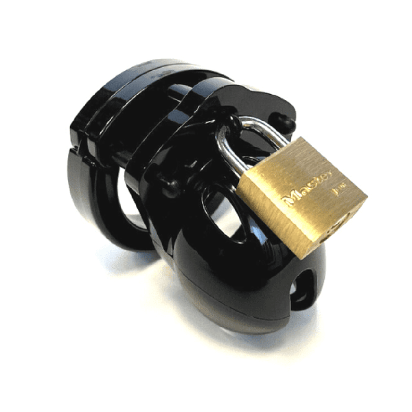 Angled view of CB-X Mini-Me Cock Cage showing segmented black shell and locked brass padlock closure