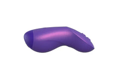 Angled view of cosmic purple external vibrator highlighting metallic shimmer silicone finish