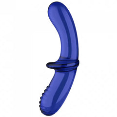 Angled view of deep blue double-ended glass dildo with central guard ring for safe handling