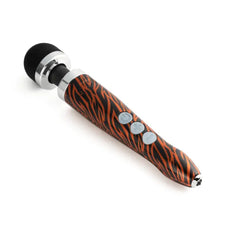 Angled view of Die Cast 3R wand showing three silver control buttons on tiger-print handle