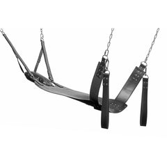 Angled view of empty sling showing curved leather seat, stirrup straps, and four-point chain rigging