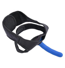Angled view of face harness with blue silicone dildo attached, showing adjustable velcro back strap