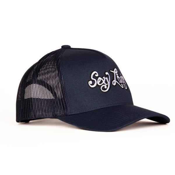 Angled front view of Sexy Living navy and white embroidered trucker cap