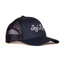 Angled front view of Sexy Living navy and white embroidered trucker cap