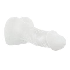 Angled front view of the white silicone dual-end stroker highlighting its realistic textured exterior