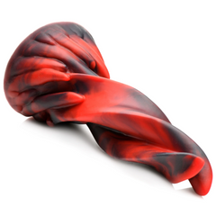 Angled view of Hell Kiss dildo emphasizing the layered tongue-like ridges along the red base