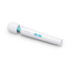 Angled view of Le Wand Classique Petite highlighting teal flex neck and dual-button controls