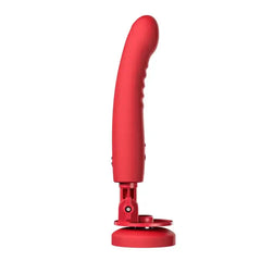 Angled view of Mission 2 red dildo vibrator highlighting smooth tip and textured grip