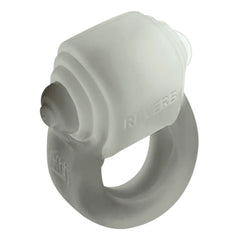 Angled overhead view of Glowdick clear ice cock ring displaying stepped vibrator housing and ring