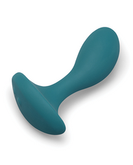 Angled overhead view of teal prostate plug highlighting ergonomic curved shape