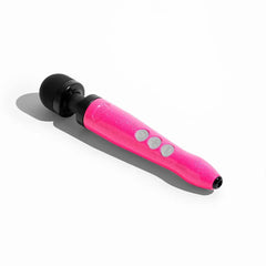 Angled view of pink glitter wand massager showing three grey control buttons on handle
